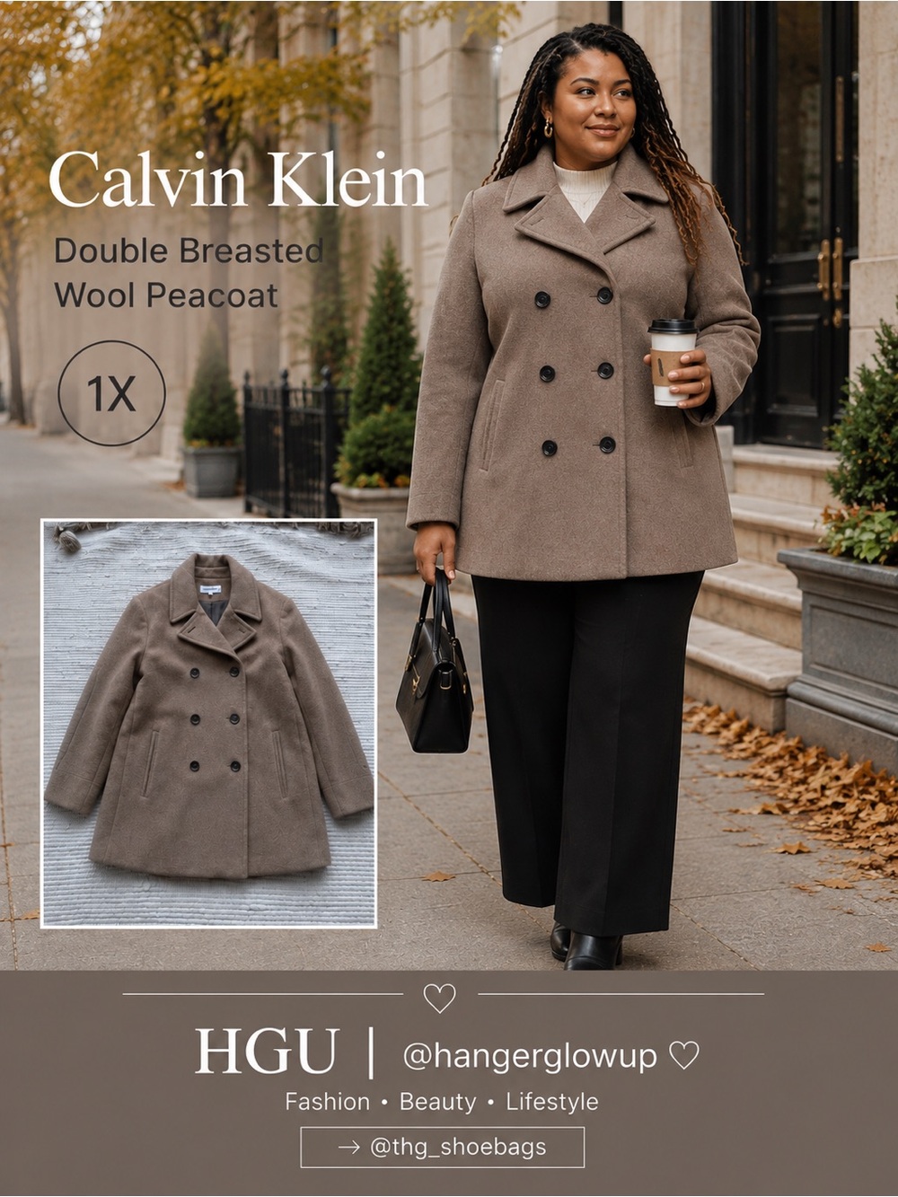 Calvin Klein Wool Blend Peacoat Oat Taupe Double Breasted Plus 1X